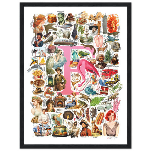 "F is for Festive" — a Renard Roux alphabet poster with English F words (pink version)