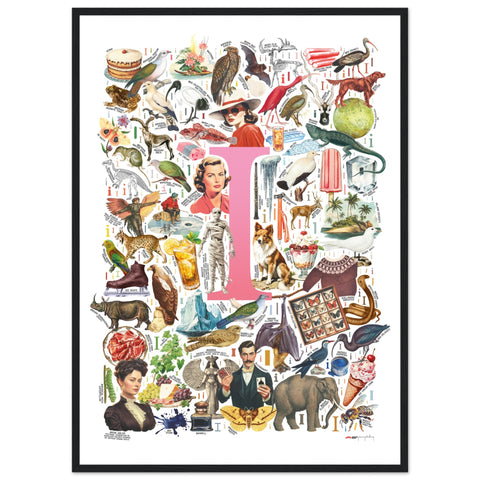 "I is for Imagination" — a Renard Roux alphabet poster with English I words (pink version)