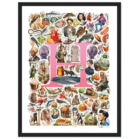 "H is for Heroes" — a Renard Roux alphabet poster with English H words (pink version)