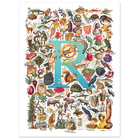 "R is for Remarkable" — a Renard Roux alphabet poster with English R words (turquoise version)