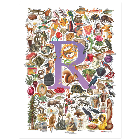 "R is for Remarkable" — a Renard Roux alphabet poster with English R words (purple version)