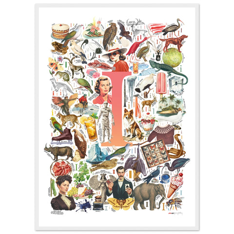 "I is for Imagination" — a Renard Roux alphabet poster with English I words (red version)