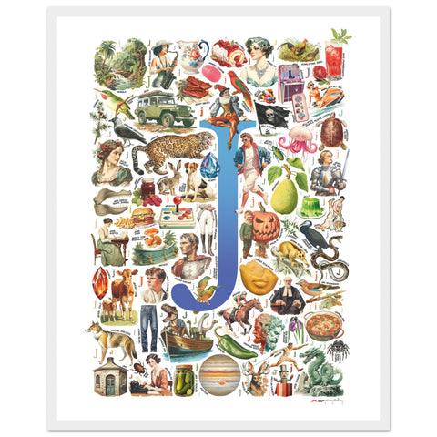 "J is for Journey" — a Renard Roux alphabet poster with English J words (blue version)