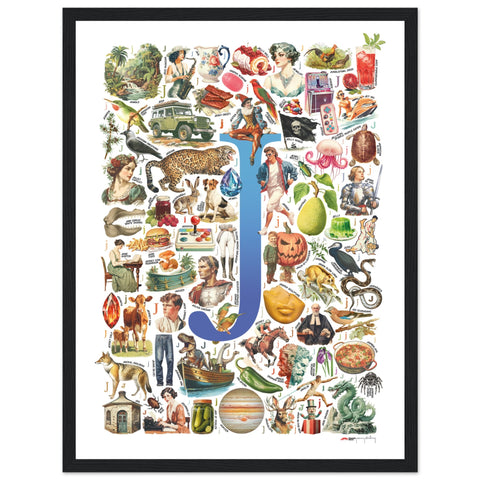 "J is for Journey" — a Renard Roux alphabet poster with English J words (blue version)