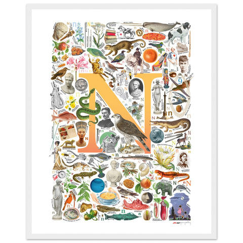 "N is for Nature" — a Renard Roux alphabet poster with English N words (yellow version)
