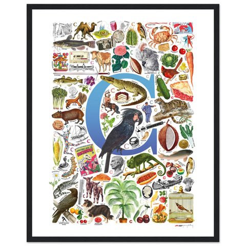 "C is for Curious" — a Renard Roux alphabet poster with English C words (blue version)