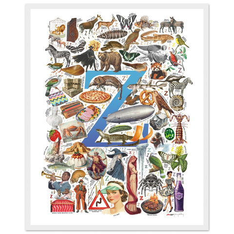"Z is for Zenith" — a Renard Roux alphabet poster with English Z words (blue version)