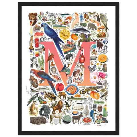 "M is for Magical" — a Renard Roux alphabet poster with English M words (red version)