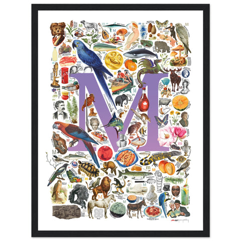 "M is for Magical" — a Renard Roux alphabet poster with English M words (purple version)