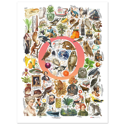 "O is for Original" — a Renard Roux alphabet poster with English O words (red version)