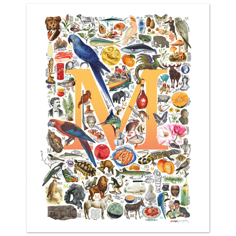 "M is for Magical" — a Renard Roux alphabet poster with English M words (yellow version)