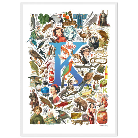 "K is for Keen" — a Renard Roux alphabet poster with English K words (blue version)