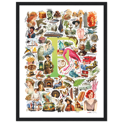 "F is for Festive" — a Renard Roux alphabet poster with English F words (chartreuse version)