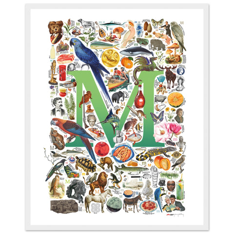 "M is for Magical" — a Renard Roux alphabet poster with English M words (green version)