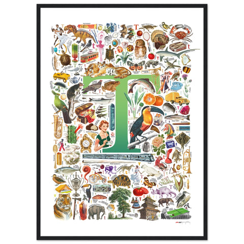"T is for Treasure" — a Renard Roux alphabet poster with English T words (green version)