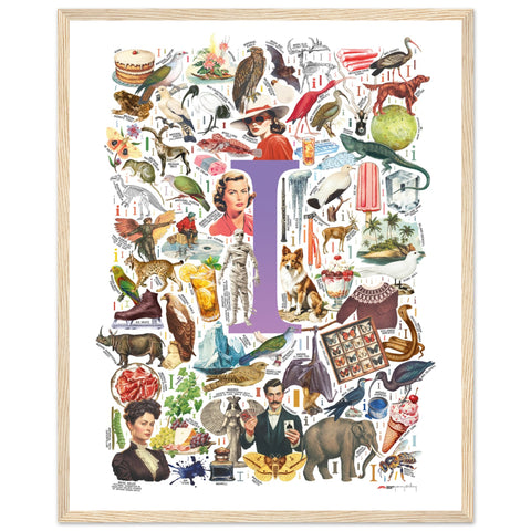 "I is for Imagination" — a Renard Roux alphabet poster with English I words (purple version)