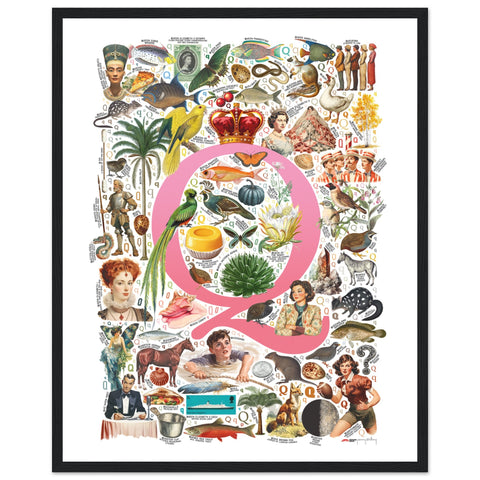 "Q is for Quest" — a Renard Roux alphabet poster with English Q words (pink version)