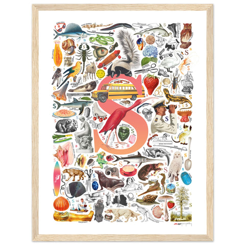 "S is for Surprise" — a Renard Roux alphabet poster with English S words (red version)