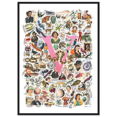 "V is for Voyage" — a Renard Roux alphabet poster with English V words (pink version)