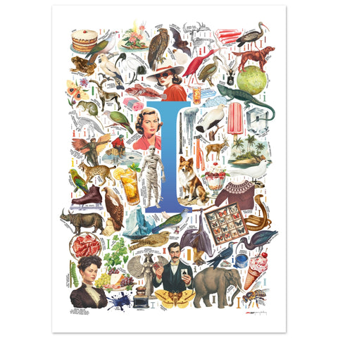 "I is for Imagination" — a Renard Roux alphabet poster with English I words (blue version)