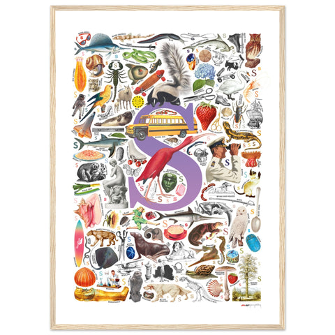"S is for Surprise" — a Renard Roux alphabet poster with English S words (purple version)