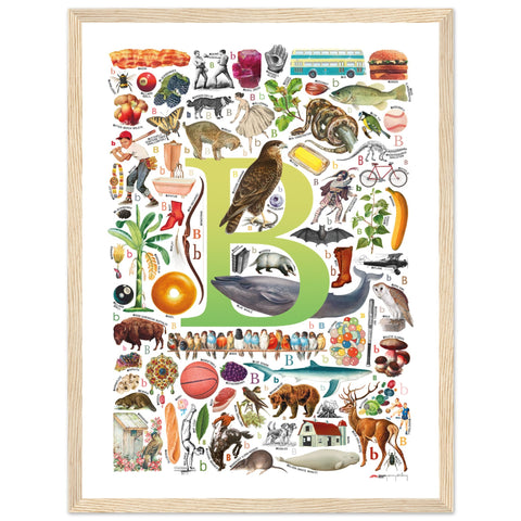 "B is for Brave" — a Renard Roux alphabet poster with English B words (chartreuse version)