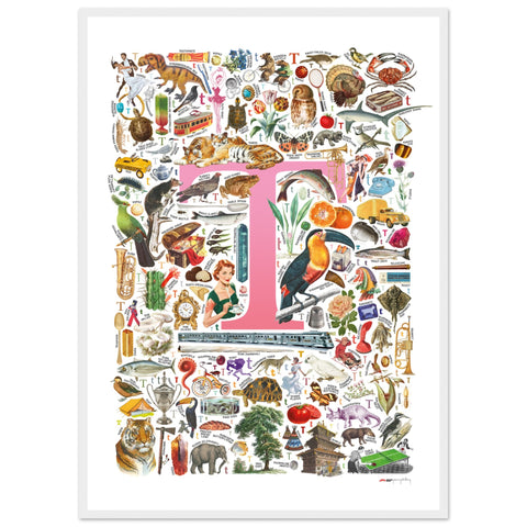 "T is for Treasure" — a Renard Roux alphabet poster with English T words (pink version)