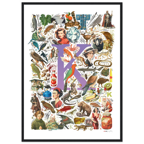 "K is for Keen" — a Renard Roux alphabet poster with English K words (purple version)