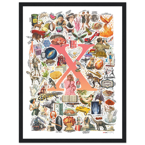 "X is for Xanadu" — a Renard Roux alphabet poster with English X words (red version)