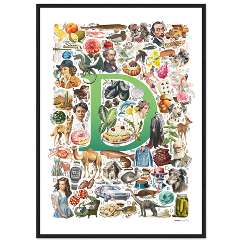 "D is for Discovery" — a Renard Roux alphabet poster with English D words (green version)