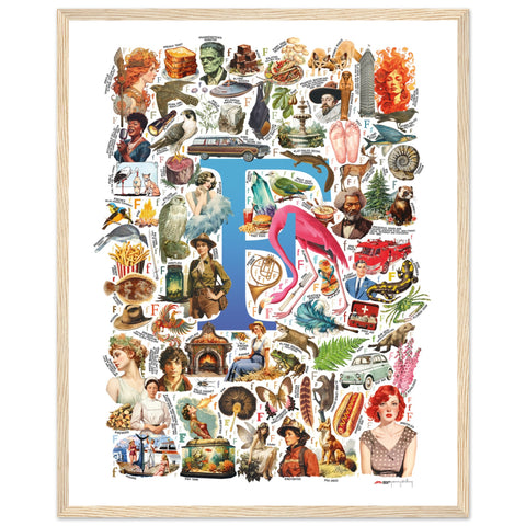 "F is for Festive" — a Renard Roux alphabet poster with English F words (blue version)