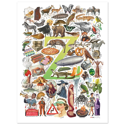 "Z is for Zenith" — a Renard Roux alphabet poster with English Z words (chartreuse version)