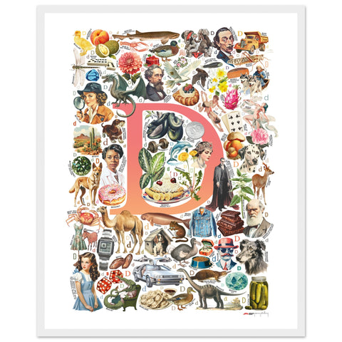 "D is for Discovery" — a Renard Roux alphabet poster with English D words (red version)