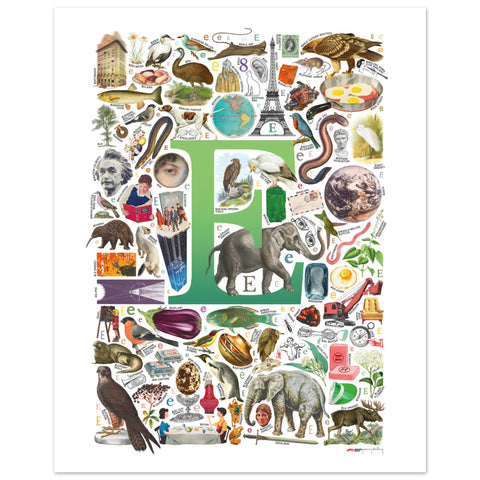 "E is for Explore" — a Renard Roux alphabet poster with English E words (green version)