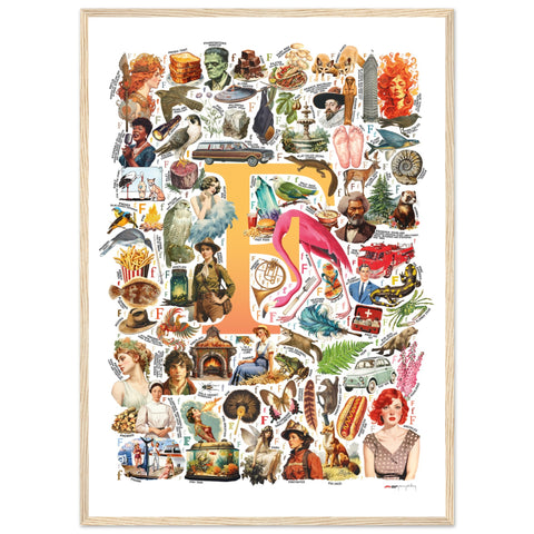 "F is for Festive" — a Renard Roux alphabet poster with English F words (yellow version)