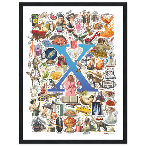 "X is for Xanadu" — a Renard Roux alphabet poster with English X words (blue version)