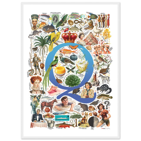 "Q is for Quest" — a Renard Roux alphabet poster with English Q words (blue version)