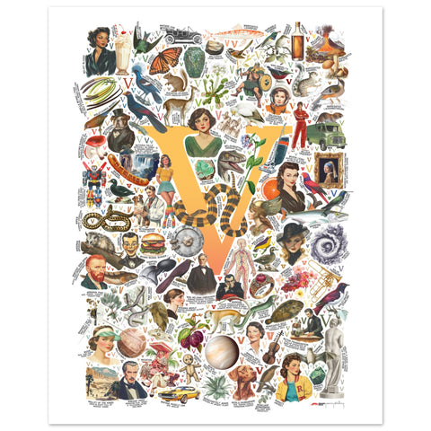 "V is for Voyage" — a Renard Roux alphabet poster with English V words (yellow version)