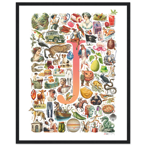 "J is for Journey" — a Renard Roux alphabet poster with English J words (red version)