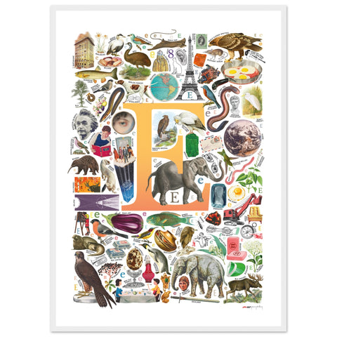 "E is for Explore" — a Renard Roux alphabet poster with English E words (yellow version)