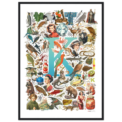 "K is for Keen" — a Renard Roux alphabet poster with English K words (turquoise version)