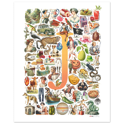 "J is for Journey" — a Renard Roux alphabet poster with English J words (yellow version)