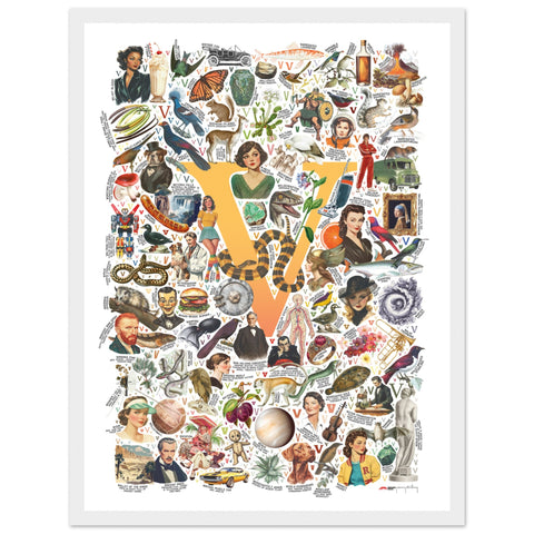 "V is for Voyage" — a Renard Roux alphabet poster with English V words (yellow version)