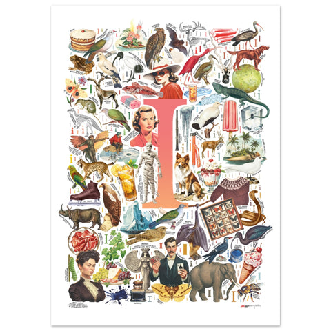 "I is for Imagination" — a Renard Roux alphabet poster with English I words (red version)