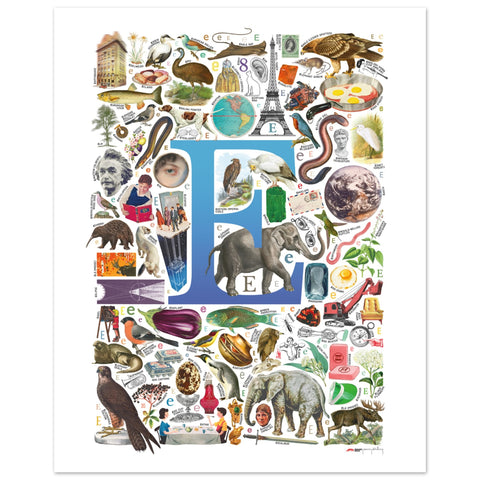 "E is for Explore" — a Renard Roux alphabet poster with English E words (blue version)