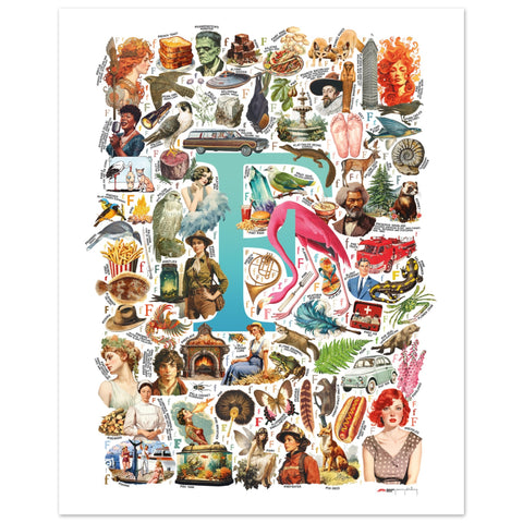 "F is for Festive" — a Renard Roux alphabet poster with English F words (turquoise version)