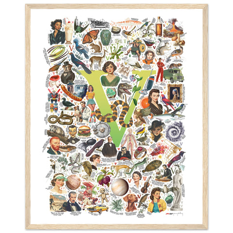 "V is for Voyage" — a Renard Roux alphabet poster with English V words (chartreuse version)