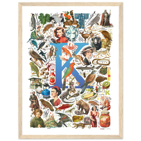 "K is for Keen" — a Renard Roux alphabet poster with English K words (blue version)