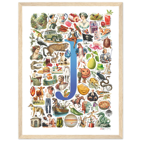"J is for Journey" — a Renard Roux alphabet poster with English J words (blue version)