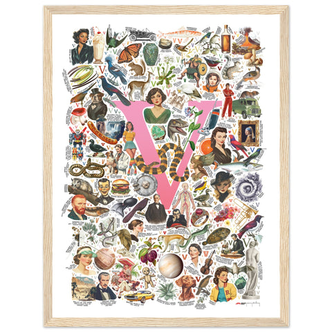 "V is for Voyage" — a Renard Roux alphabet poster with English V words (pink version)